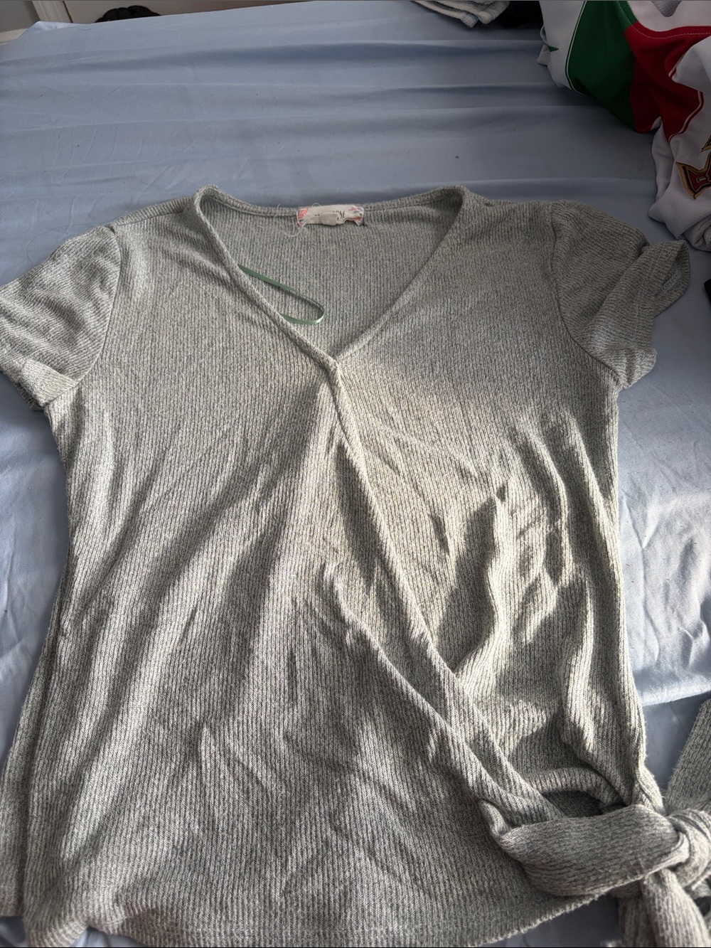 Marshalls Heather Light Gray V-Neck Short Sleeve Tie-Hem Top
